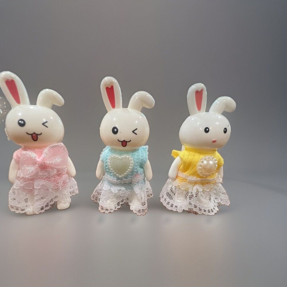 Kawaii Plastic Bunny Rabbit Dolls Lot of 3 Pastel Lace Dress Anime Chibi Figures